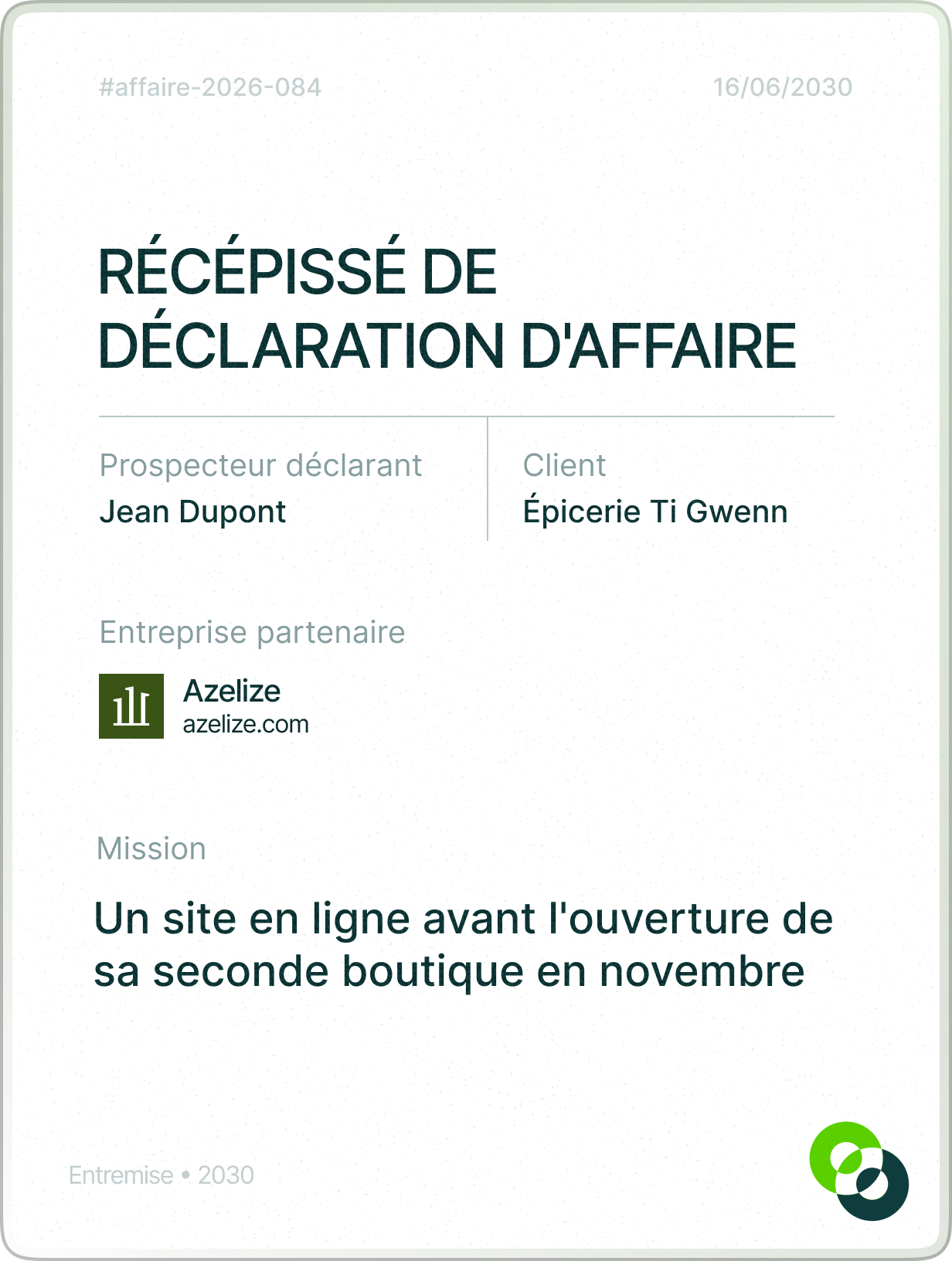 Récépissé de déclaration d'affaire